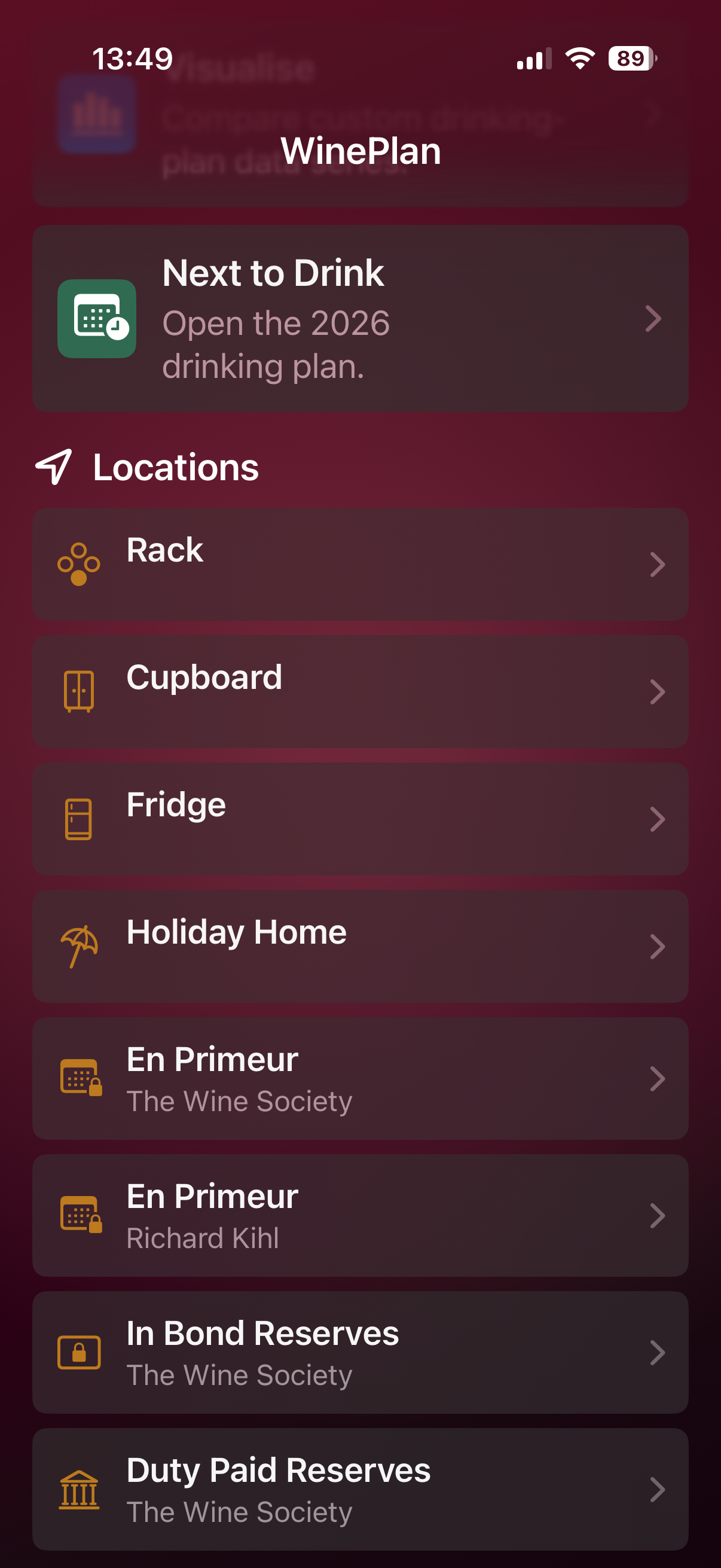 WinePlan locations screen